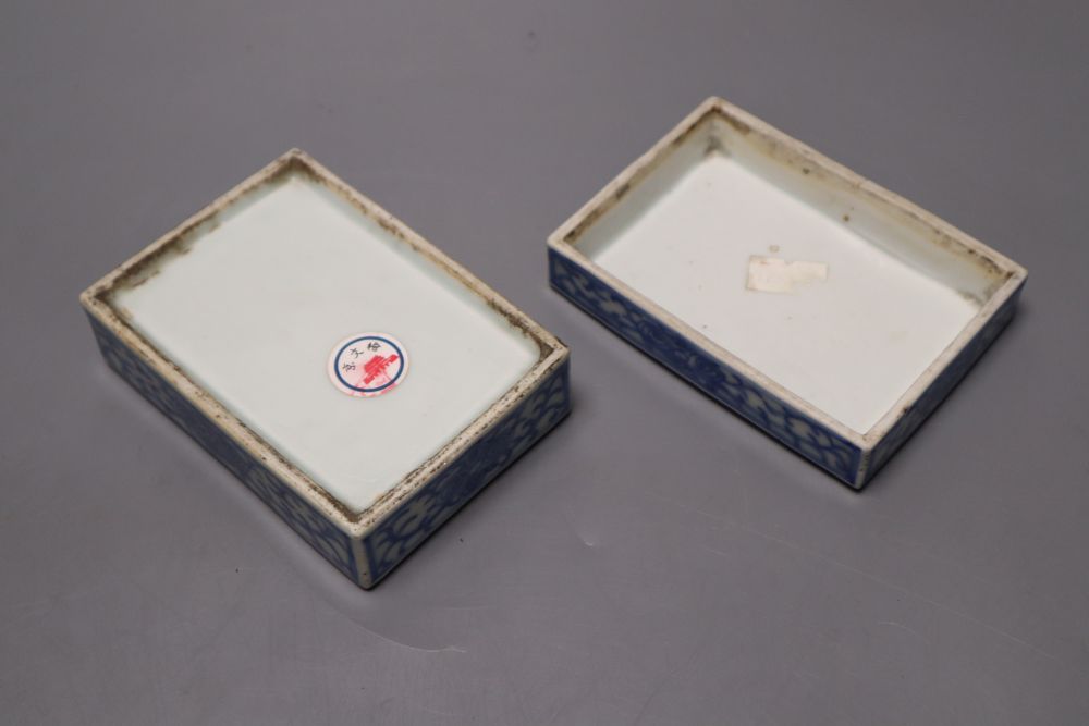 A pair of Chinese famille rose bowls and covers, late 19th century, a blue and white box and cover, 11cm and an eggshell bowl, 8cm